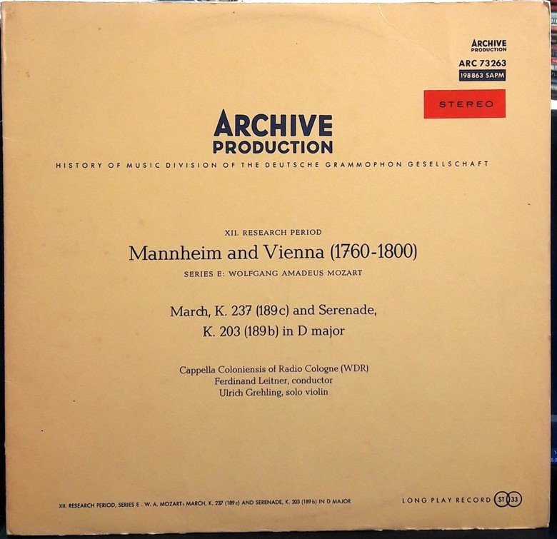 MOZART: MARCH AND SERENADE, ULRICH GREHLING - PLAK 2.EL