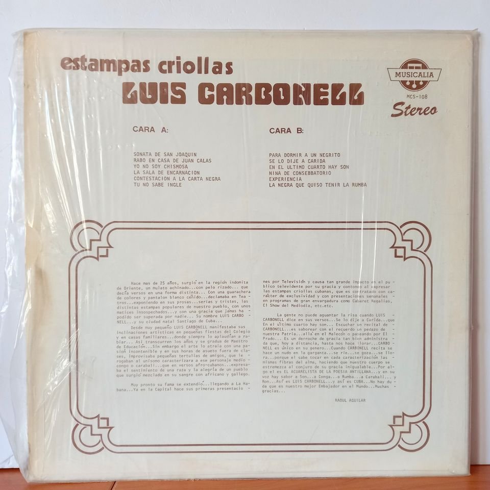 LUIS CARBONELL - LUIS CARBONELL EL ACUARELISTA DE LA POESIA ANTILLANA - LP  2.EL PLAK