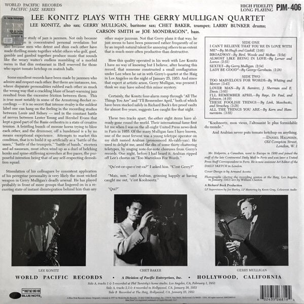 LEE KONITZ PLAYS WITH THE GERRY MULLIGAN QUARTET (1953) - LP 2021 REISSUE 180GR GATEFOLD TONE POET SERIES SIFIR PLAK