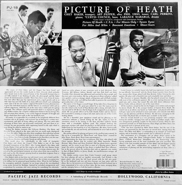 CHET BAKER PICTURE OF HEATH, ART PEPPER PHIL URSO (1957) - LP 2022 REISSUE 180GR TONE POET SERIES SIFIR PLAK