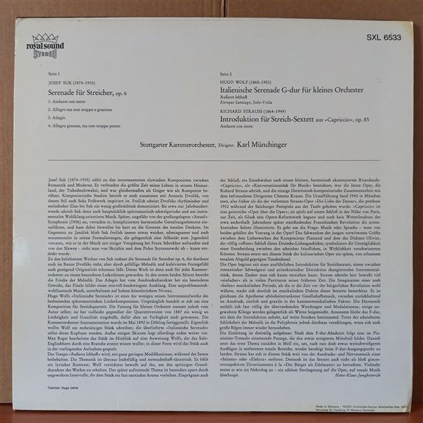 HUGO WOLF: ITALIENISCHE SERENADE / JOSEF SUK: STREICHERSERENADE / RICHARD STRAUSS: STREICHSEXTETT AUS ''CAPRICCIO'' / KARL MÜNCHINGER, STUTTGARTER KAMMERORCHESTER - LP 2. EL PLAK