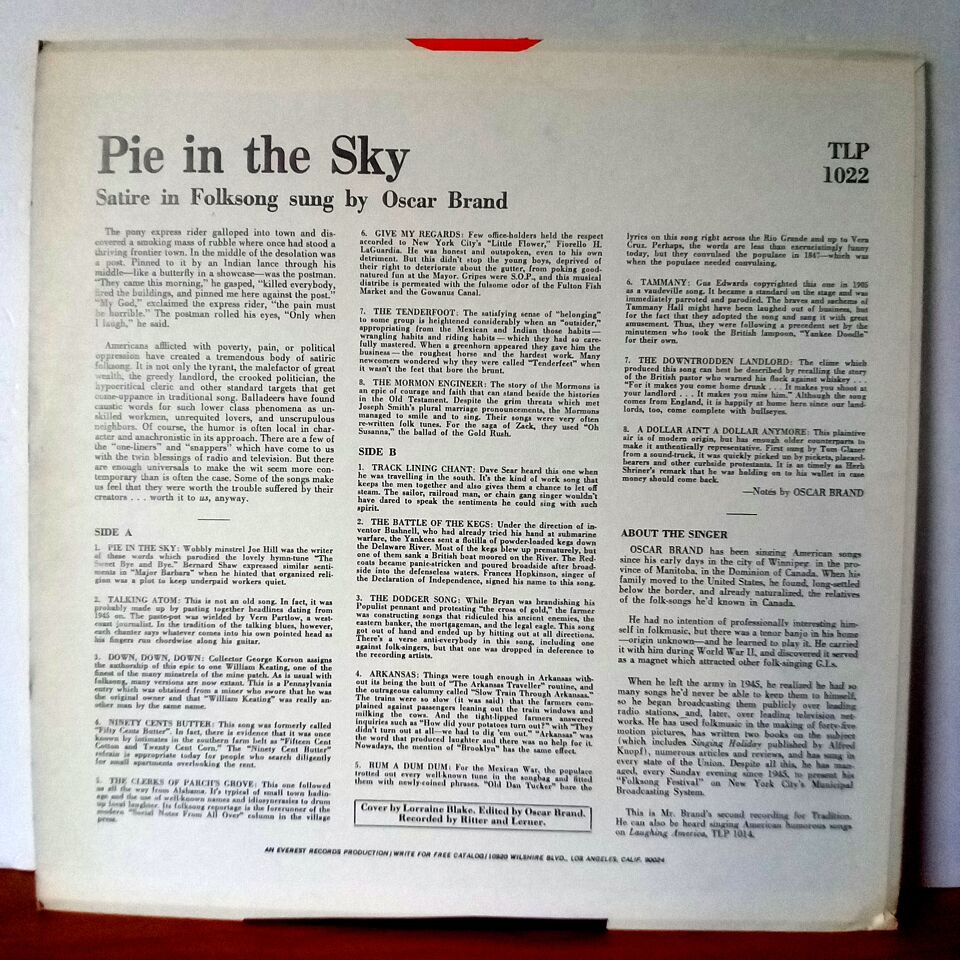 OSCAR BRAND – PIE IN THE SKY (1957) - LP 2.EL PLAK