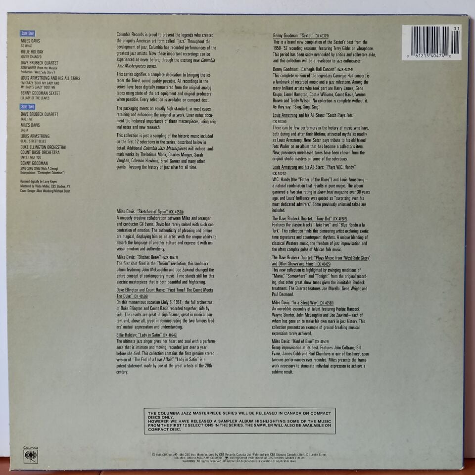 SAMPLER VOLUME ONE / MILES DAVIS, BILLIE HOLIDAY, LOUIS ARMSTRONG (1986) - LP 2.EL PLAK