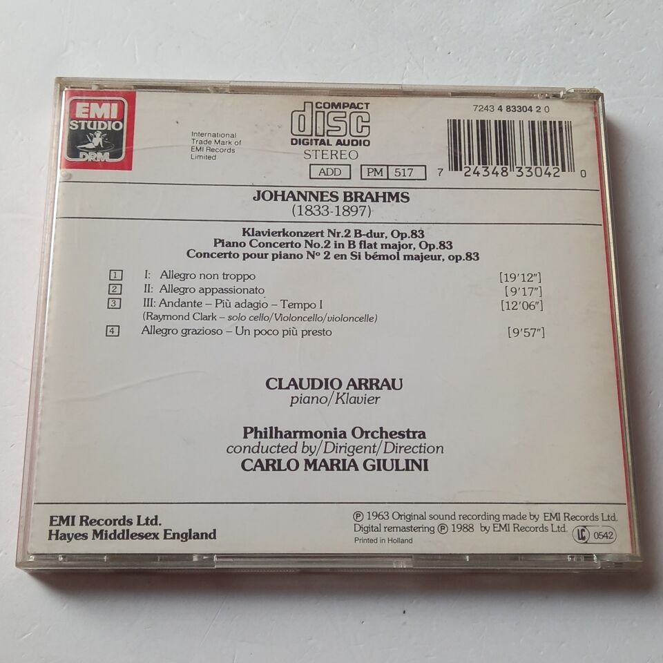 BRAHMS: PIANO CONCERTO NO.2 - CLAUDIO ARRAU, PHILHARMONIA ORCHESTRA, CARLO MARIA GIULINI  (1963) - CD REMASTERED 1988 REISSUE 2.EL