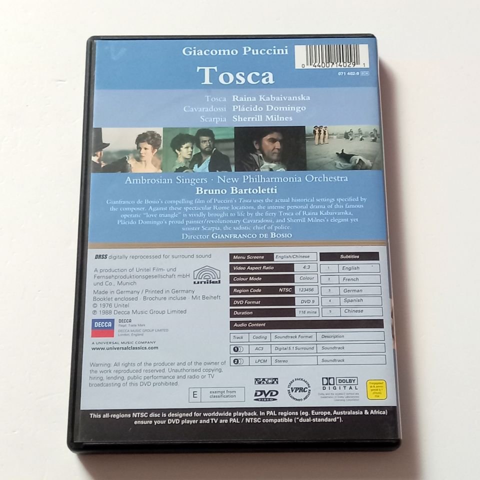 GIACOMO PUCCINI - TOSCA - RAINA KABAIVANSKA, PLACIDO DOMINGO - NEW PHILARMONIA ORCHESTRA, KOND.: BRUNO BARTOLETTI - DVD 2.EL