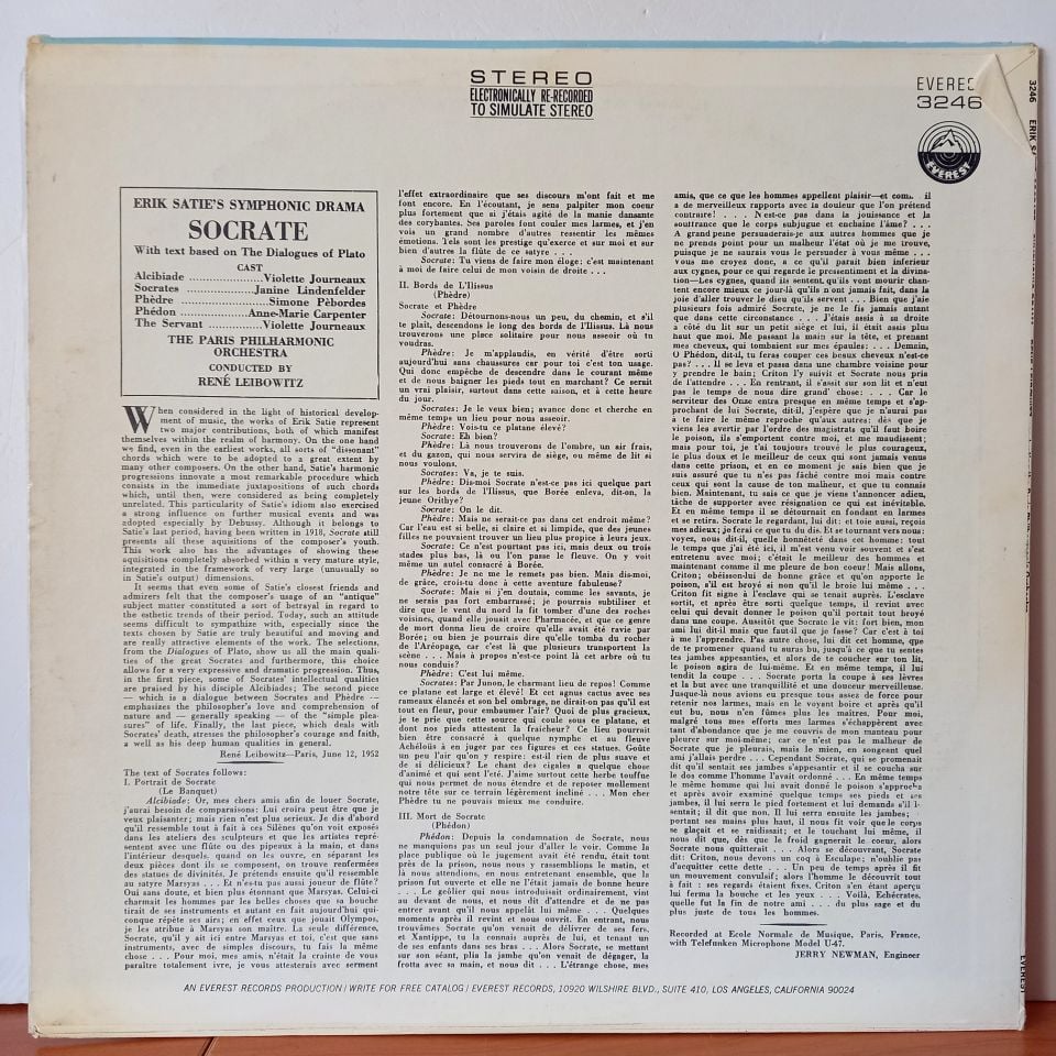 ERIK SATIE, THE PARIS PHILHARMONIC ORCHESTRA CONDUCTED BY RENE LEIBOWITZ – SOCRATE / SYMPHONIC DRAMA - LP  2.EL PLAK