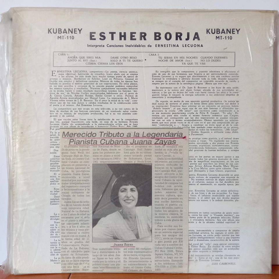 ESTHER BORJA, ERNESTINA LECUONA – ESTHER BORJA INTERPRETA CANCIONES INOLVIDABLES DE ERNESTINA LECUONA - LP  2.EL PLAK