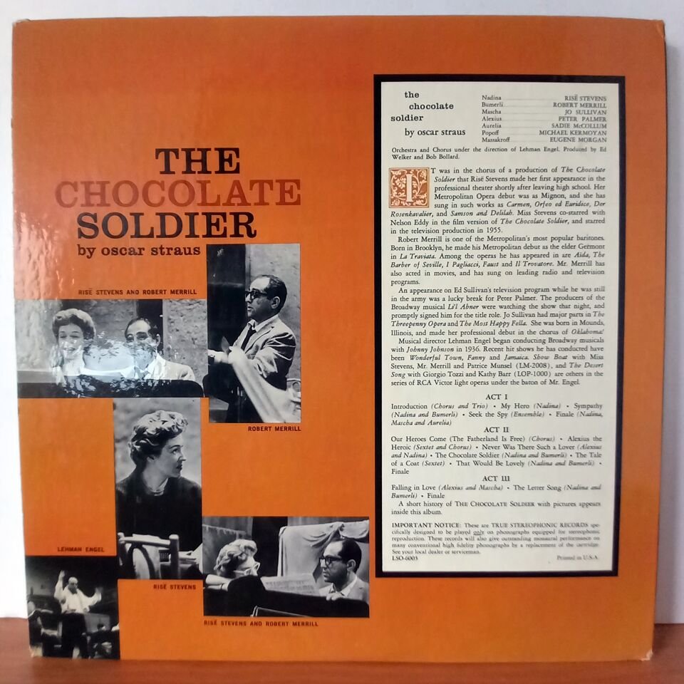 THE CHOCOLATE SOLDIER / RISE STEVENS, ROBERT MERRILL, JO SULLIVAN, PETER PALMER, SADIE MCCOLLUM, MICHAEL KERMOYAN, EUGENE MORGAN, LEHMAN ENGEL, OSCAR STRAUS (1958) - 2LP 2.EL PLAK