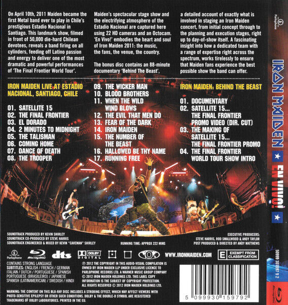 IRON MAIDEN - EN VIVO (2012) - BLU RAY Reissue, Multichannel, dts, Dolby Digital, 5.1, 2.0 / ORİJİNAL AMBALAJINDA SIFIR ÜRÜN