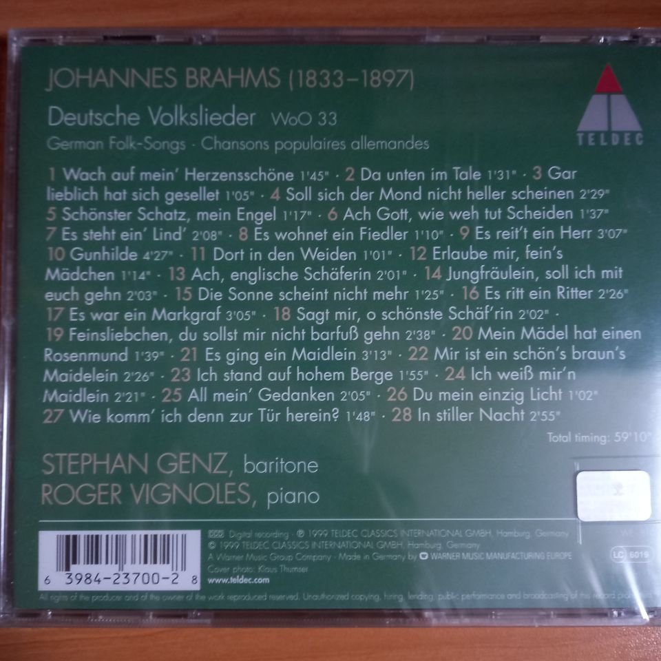 BRAHMS, STEPHAN GENZ, ROGER VIGNOLES – DEUTSCHE VOLKSLIEDER / GERMAN FOLK SONGS / CHANSONS POPULAIRES ALLEMANDES (1999) - CD SIFIR