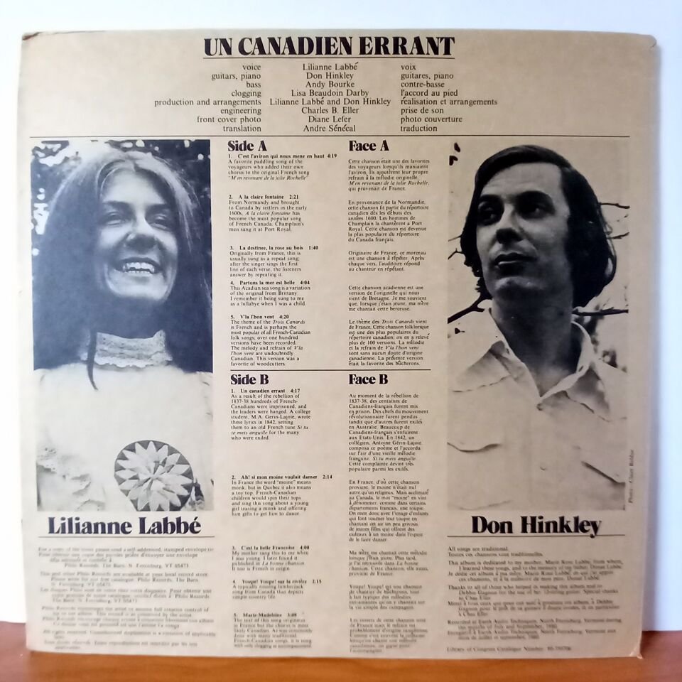 LILIANNE LABBE, DON HINKLEY – UN CANADIEN ERRANT / FRENCH MUSIC IN THE NORTH AMERICAN TRADITION (1980) - LP 2.EL PLAK