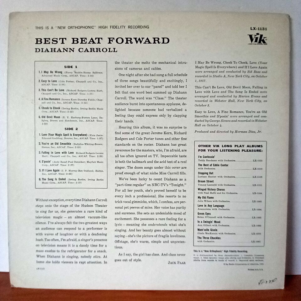 DIAHANN CARROLL – BEST BEAT FORWARD (1958) - LP 2.EL PLAK