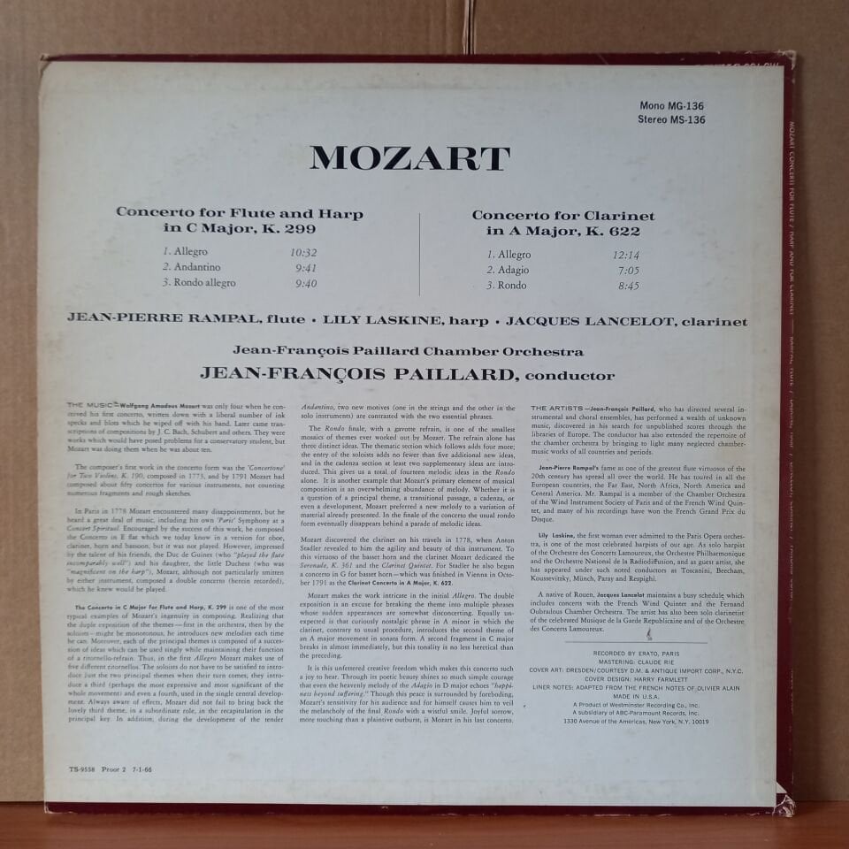 MOZART: TWO CONCERTI / JEAN-PIERRE RAMPAL, LILY LASKINE, JACQUES LANCELOT, ORCHESTRE DE CHAMBRE JEAN-FRANÇOIS PAILLARD (1964) - LP 2.EL PLAK
