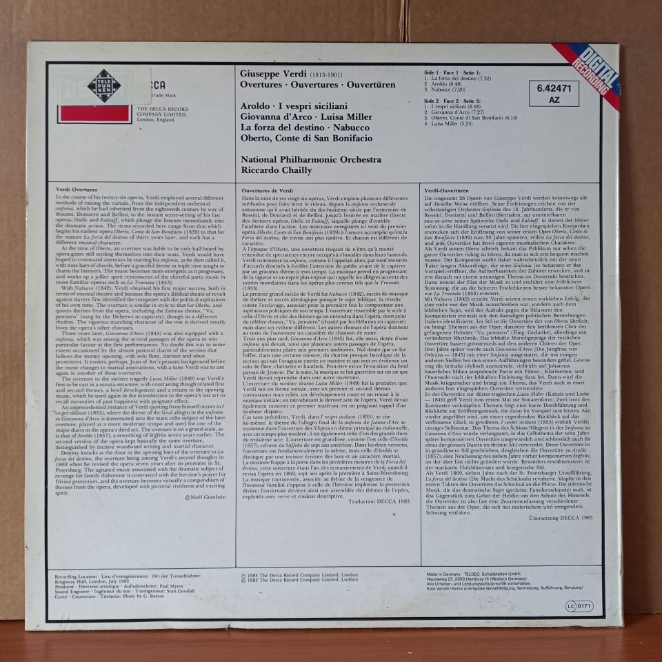 VERDI: 7 OVERTURES / RICCARDO CHAILLY, NATIONAL PHILHARMONIC ORCHESTRA (1983) - LP 2.EL PLAK