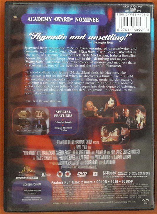 BLUE VELVET - KYLE MacLAHLAN - ISABELLA ROSSELLINI - DAVID LYNCH - DVD 2.EL 1. BÖLGE TR ALTYAZI YOKTUR