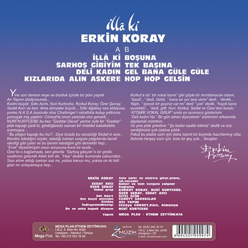 ERKİN KORAY - İLLA Kİ (1983) - LP YENİ BASIM SIFIR PLAK