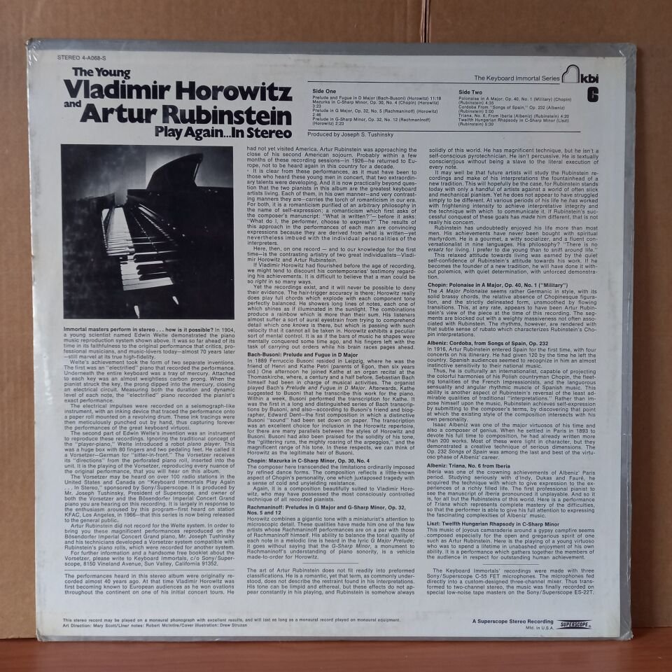 THE YOUNG VLADIMIR HOROWITZ AND ARTUR RUBINSTEIN PLAY AGAIN IN STEREO / BACH, CHOPIN, RACHMANINOFF, ALBENIZ, LISZT - LP DÖNEM BASKISI SIFIR PLAK