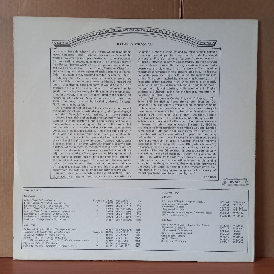 RICCARDO STRACCIARI - VOLUME TWO / VERDI, MEYERBEER, TOSTI, DENZA, ROSSINI - LP 2.EL PLAK