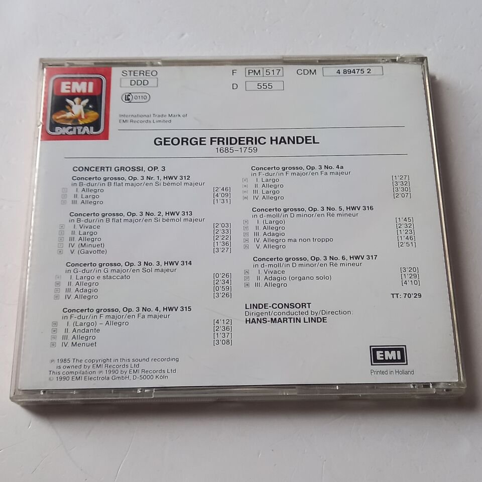 HANDEL: CONCERTI GROSSI, OP. 3  - LINDE CONSORT, HANS MARTIN LINDE (1985) - CD 1990 REISSUE 2.EL