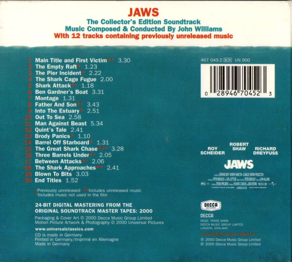 JOHN WILLIAMS ‎– JAWS - THE COLLECTOR'S EDITION SOUNDTRACK (1975) 25TH ANNIVERSARY REMASTER CD DIGIPAK 2.EL
