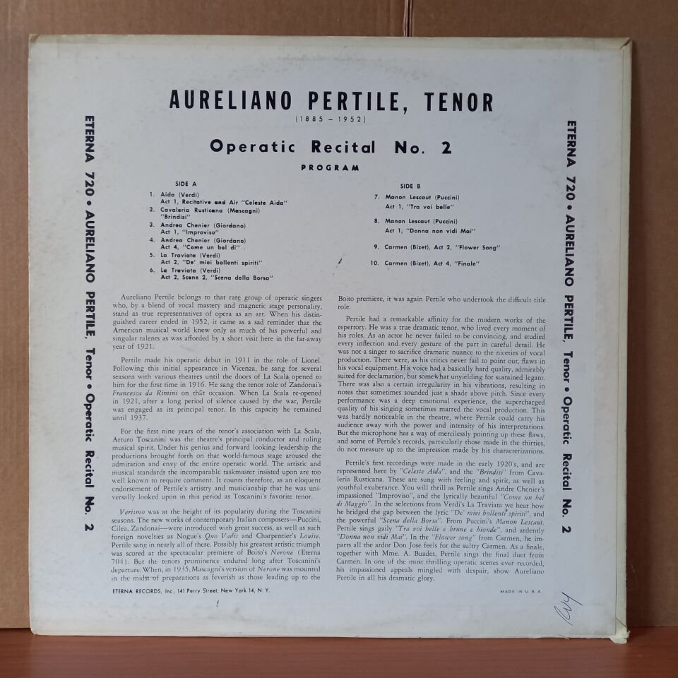 PERTILE – OPERATIC RECITAL NUMBER TWO / ANDREA CHENIER / MANON LESCAUT / AIDA / CAVALERIA RUSTICANA / CARMEN / TRAVIATA - LP 2.EL PLAK