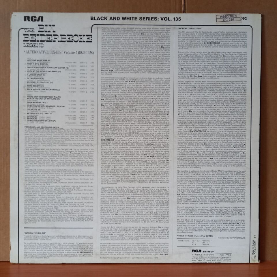 BIX BEIDERBECKE – THE BIX BEIDERBECKE LEGEND VOLUME 5 - ''ALTERNATE BIX-BIS'' [1926-1928] (1975) - LP 2.EL PLAK