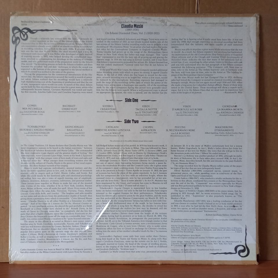 CLAUDIA MUZIO – ON EDISON DIAMOND DISCS, VOL. 2 1920-1921 (1976) - LP DÖNEM BASKISI SIFIR PLAK