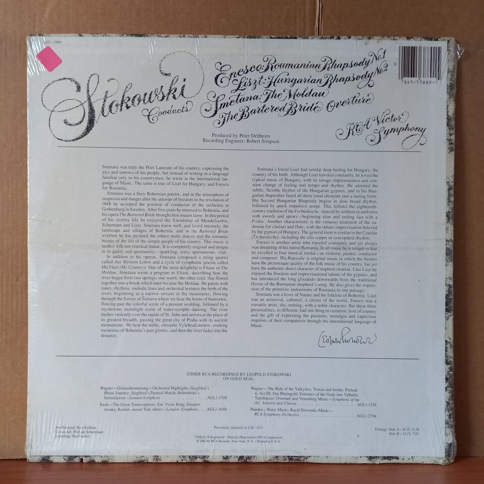 STOKOWSKI CONDUCTS ENESCO: ROUMANIAN RHAPSODY NO. 1 LISZT: HUNGARIAN RHAPSODY NO. 2 SMETANA: THE MOLDAU THE BARTERED BRIDE: OVERTURE / RCA VICTOR SYMPHONY (1981) - LP DÖNEM BASKISI SIFIR PLAK