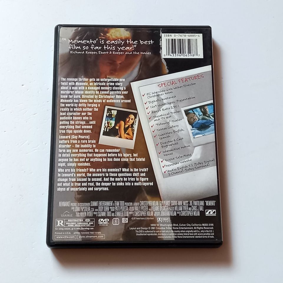 MEMENTO - GUY PEARCE, CARRIE-ANNE MOSS - YÖN.: CHRISTOPHER NOLAN - DVD 2.EL 1. BÖLGE TÜRKÇE ALTYAZI YOKTUR