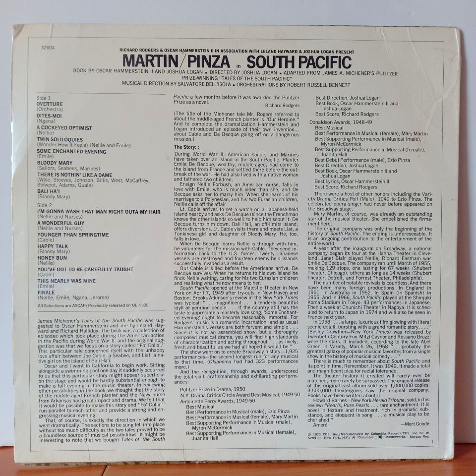 RICHARD RODGERS / OSCAR HAMMERSTEIN II / FEATURING MARY MARTIN, EZIO PINZA WITH ORIGINAL BROADWAY CAST – SOUTH PACIFIC (1973) - LP  DÖNEM BASKI SIFIR PLAK