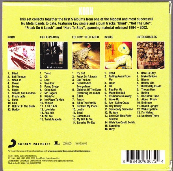 KORN – ORIGINAL ALBUM CLASSICS / KORN, LIFE IS PEACHY, FOLLOW THE LEADER, ISSUES, UNTOUCHABLES (2014) - 5CD CARDBOARD SLEEVE BOX SET AMBALAJINDA SIFIR