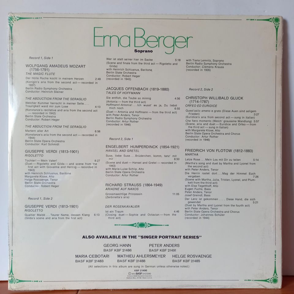 ERNA BERGER - HISTORIC PERFORMANCES FROM THE YEARS 1935-1946 (1973) - 2LP  DÖNEM BASKI SIFIR PLAK