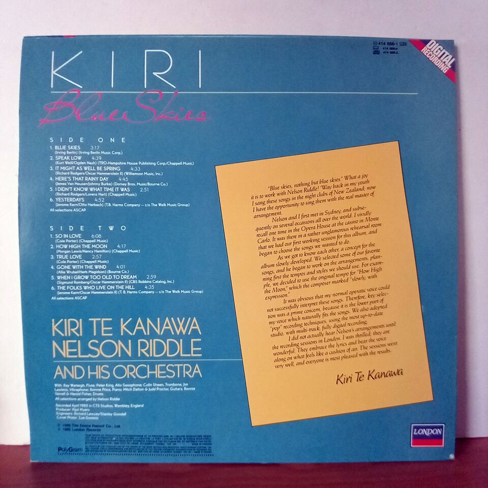 KIRI TE KANAWA / NELSON RIDDLE AND HIS ORCHESTRA – BLUE SKIES (1985) - LP 2.EL PLAK