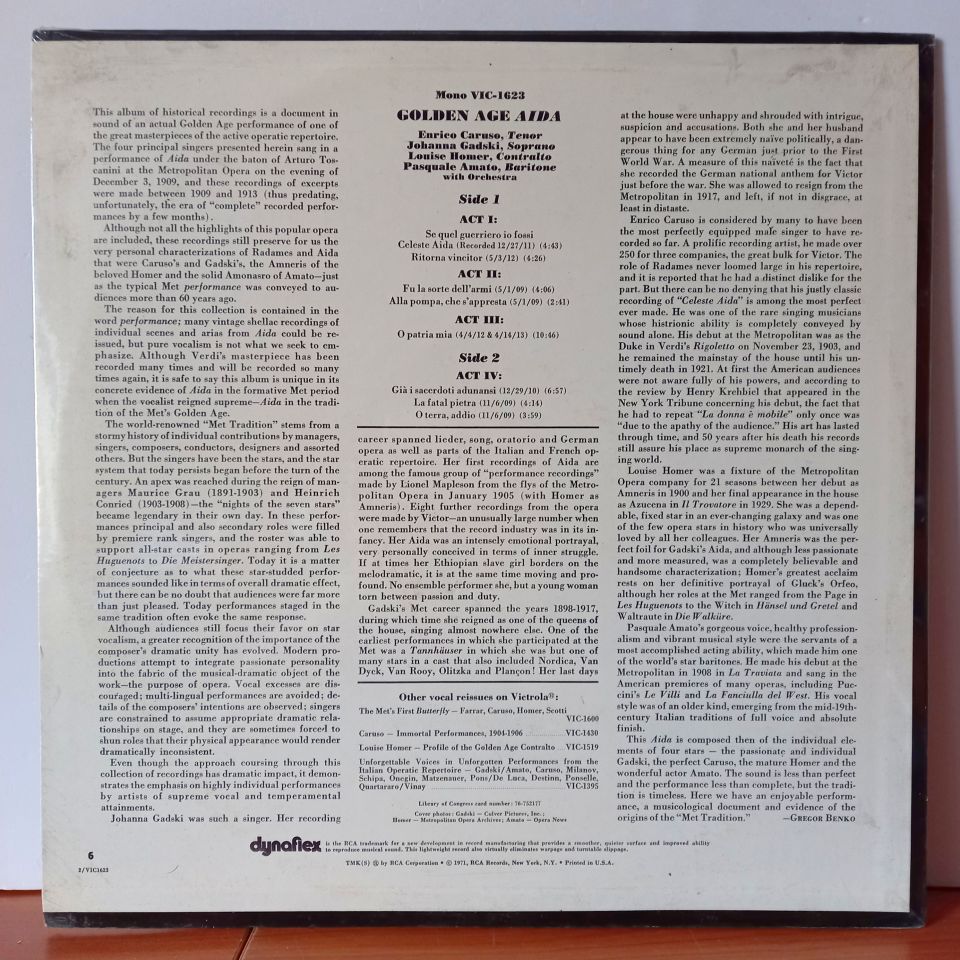 GOLDEN AGE AIDA: POPULAR HIGHLIGHTS BY THE MET'S SUPERSTARS / ENRICO CARUSO, JOHANNA GADSKI, LOUISE HOMER, PASQUALE AMATO (1971) - LP  DÖNEM BASKI SIFIR PLAK
