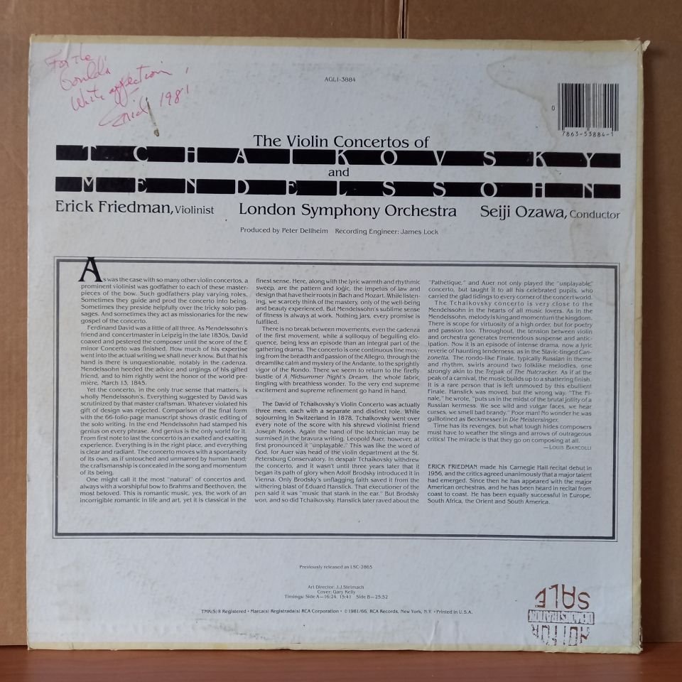 THE VIOLIN CONCERTOS OF TCHAIKOVSKY AND MENDELSSOHN / SEIJI OZAWA, THE LONDON SYMPHONY ORCHESTRA, ERICK FRIEDMAN (1981) - LP 2.EL PLAK