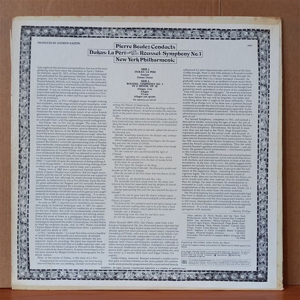 PIERRE BOULEZ CONDUCTS NEW YORK PHILHARMONIC - DUKAS: LA PERI [COMPLETE BALLET] / ROUSSEL: SYMPHONY NO. 3 (1976) - LP 2.EL PLAK