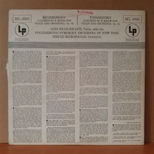 MENDELSSOHN: CONCERTO IN E MINOR FOR VIOLIN AND ORCHESTRA / TCHAIKOVSKY: CONCERTO IN D MAJOR FOR VIOLIN AND ORCHESTRA / ZINO FRANCESCATTI, DIMITRI MITROPOULOS (1960) - LP 2.EL PLAK