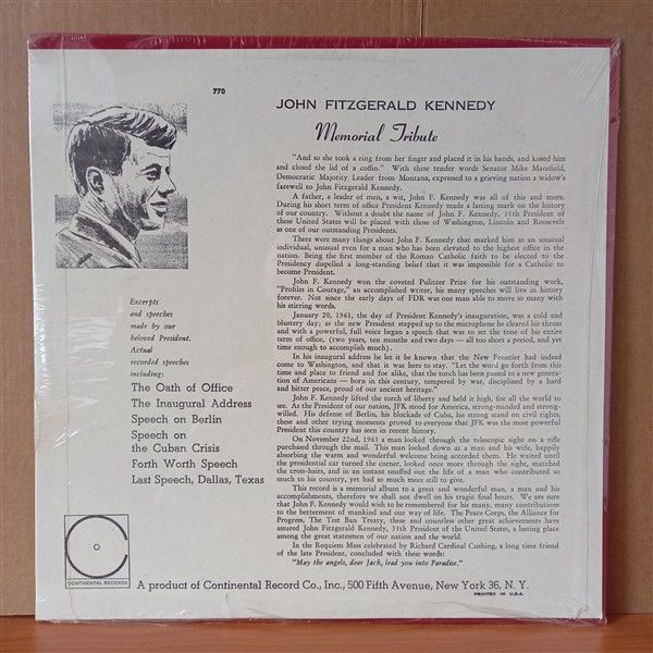 JOHN FITZGERALD KENNEDY – A MEMORIAL TRIBUTE - LP DÖNEM BASKISI SIFIR PLAK