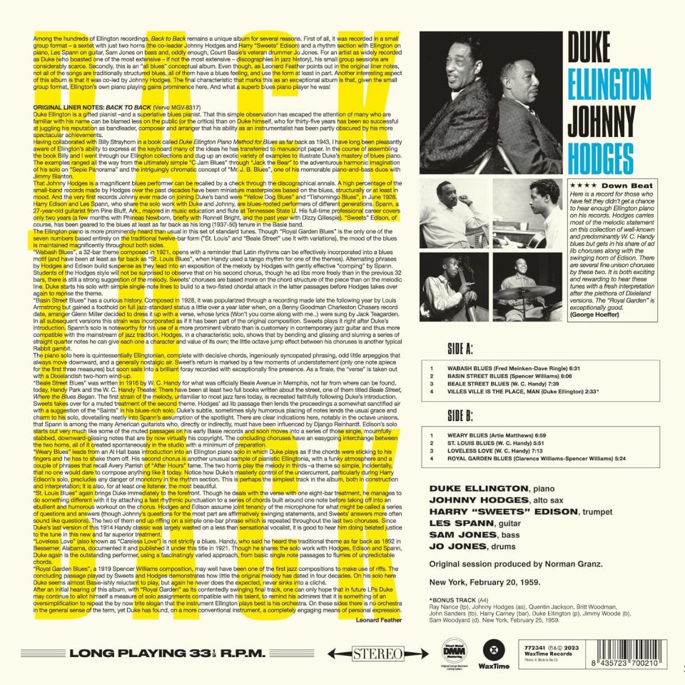 DUKE ELLINGTON & JOHNNY HODGES - PLAY THE BLUES (1959) - LP 180GR 2023 EDITION SIFIR PLAK