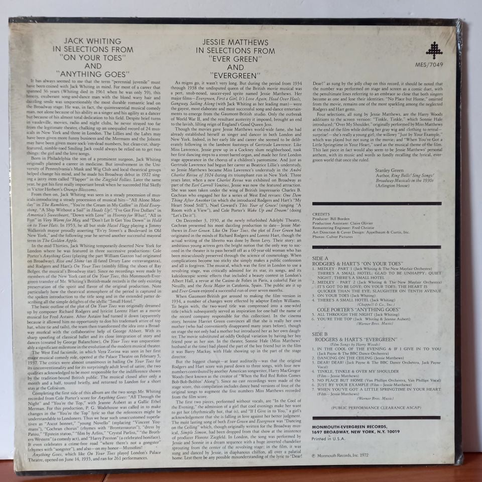 JACK WHITING, JESSIE MATTHEWS – JACK WHITING IN SELECTIONS FROM ''ON YOUR TOES'' AND ''ANYTHING GOES'', JESSIE MATTHEWS IN SELECTIONS FROM ''EVERGREEN'' (1972) - LP DÖNEM BASKI SIFIR PLAK