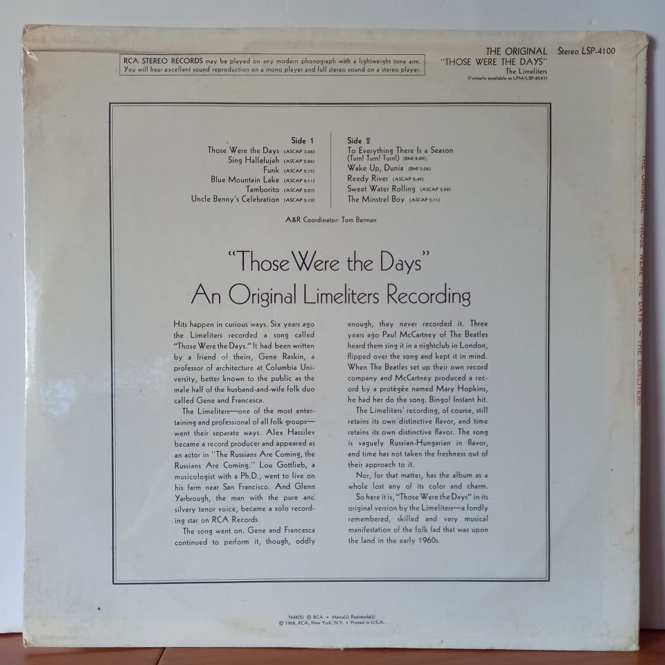 THE LIMELITERS – THE ORIGINAL ''THOSE WERE THE DAYS'' (1968) - LP DÖNEM BASKI SIFIR PLAK