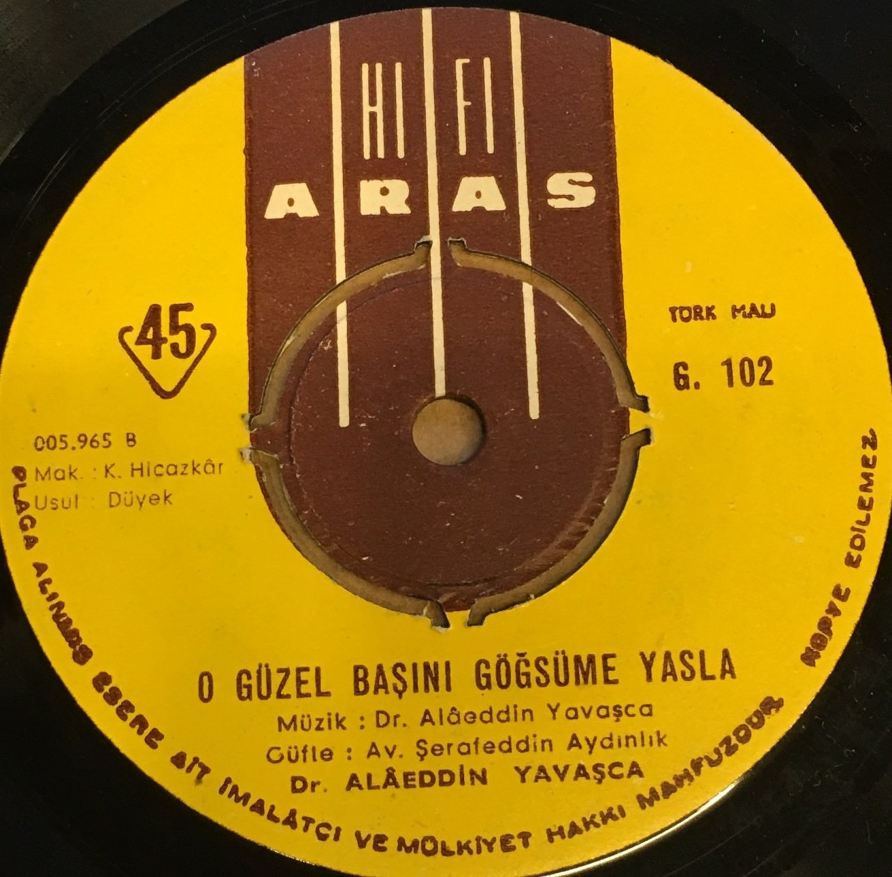 ALAEDDİN YAVAŞCA - O GÜZEL BAŞINI GÖĞSÜME YASLA / MAVİ GÖK MAVİ DENİZ 7'' 45 DEVİR