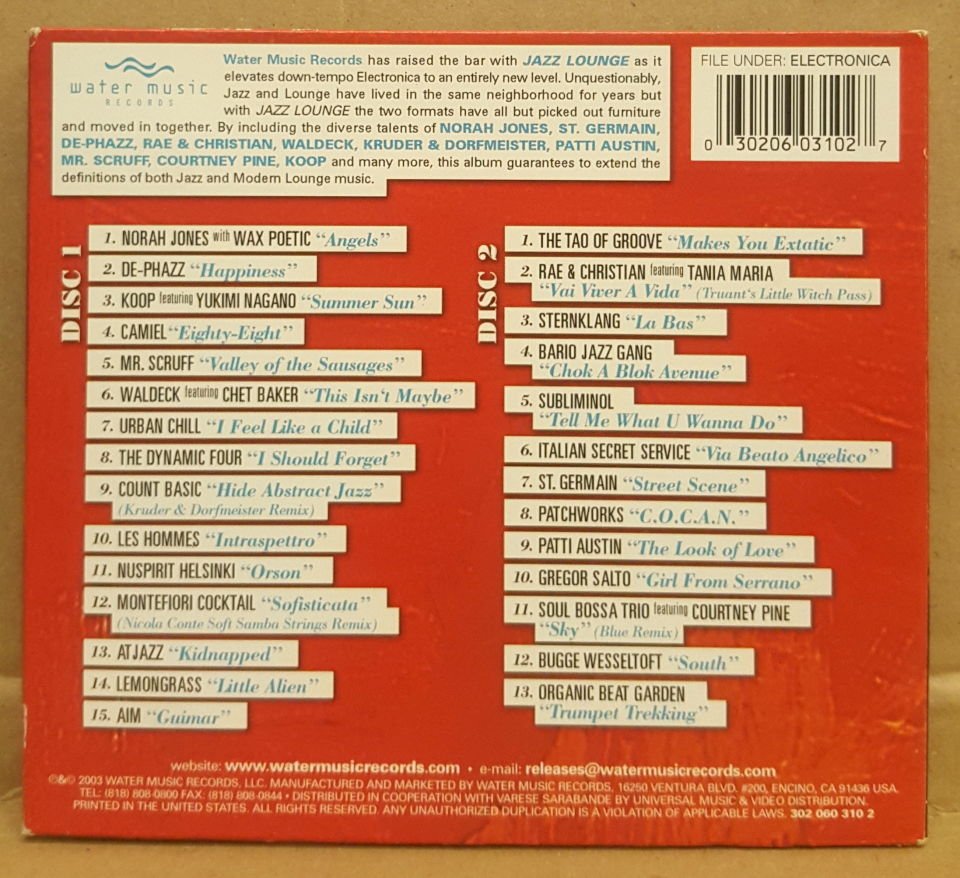 JAZZ LOUNGE - 28 CHILLED NU SKOOL JAZZ TRACKS... / DE PHAZZ , CHET BAKER , ST GERMAIN , NICOLA CONTE , NORAH JONES , COURTNEY PINE etc (2003) - 2CD FUTURE JAZZ LOUNGE DIGIPACK 2.EL
