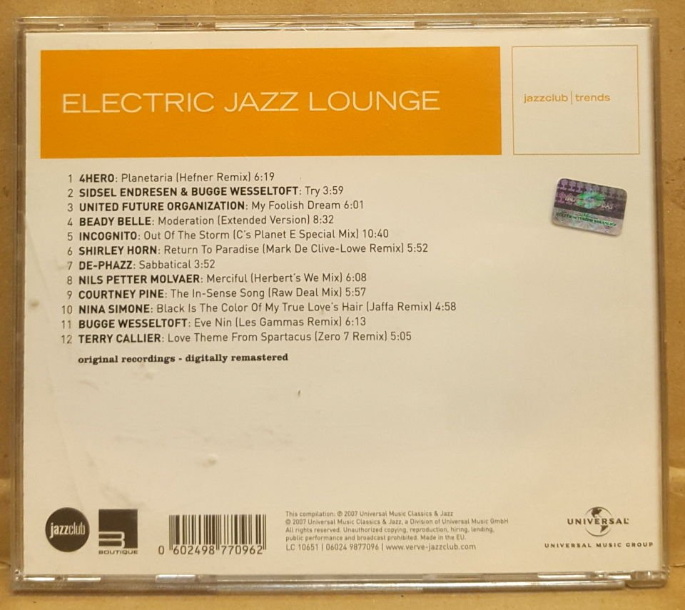 ELECTRIC JAZZ LOUNGE - V/A DE PHAZZ , 4HERO , UNITED FUTURE ORGANIZATION , NILS PETTER MOLVAER , NINA SIMONE , INCOGNITO etc (2007) - CD ACID JAZZ / LOUNGE JEWEL CASE 2.EL