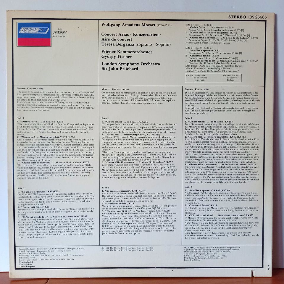 MOZART - TERESA BERGANZA, WIENER KAMMERORCHESTER, GYÖRGY FISCHER, LONDON SYMPHONY ORCHESTRA, JOHN PRITCHARD – CONCERT ARIAS (1984) - LP 2.EL PLAK