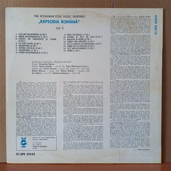 THE ROMANIAN FOLK MUSIC ENSEMBLE ''RAPSODIA ROMANA'' – VOL. II - LP 2.EL PLAK