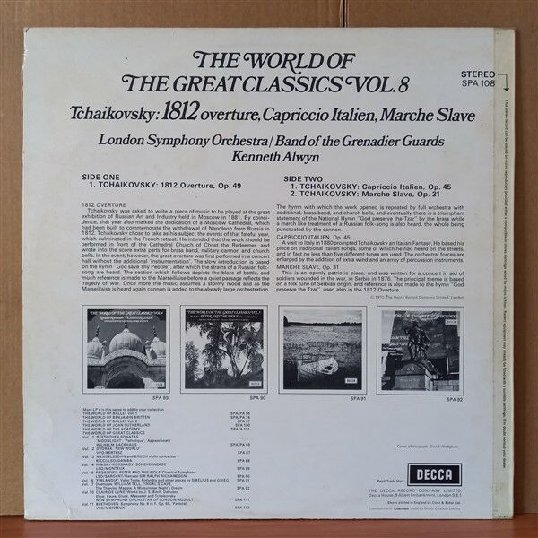 THE WORLD OF THE GREAT CLASSICS VOL.8 - TCHAIKOVSKY: 1812 OVERTURE, CAPRICCIO ITALIEN, MARCHE SLAVE / TCHAIKOVSKY, LONDON SYMPHONY ORCHESTRA - BAND OF THE GRENADIER GUARDS - KENNETH ALWYN  (1970) - LP 2.EL PLAK