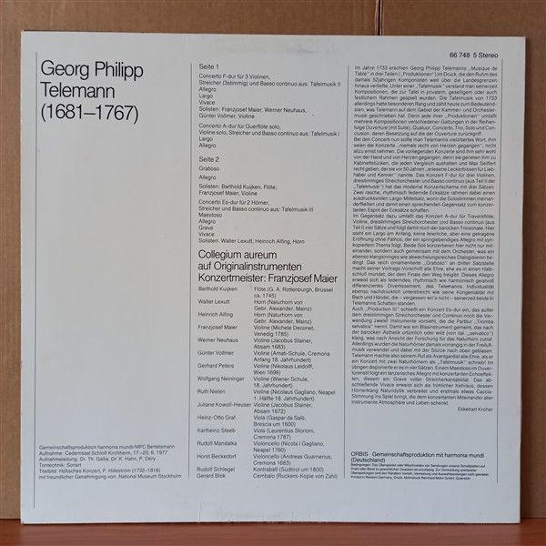 TELEMANN: TAFELMUSIK - CONCERTO A-DUR, CONCERTO F-DUR, CONCERTO ES-DUR / COLLEGIUM AUREUM - FRANZJOSEF MAIER - LP 2.EL PLAK