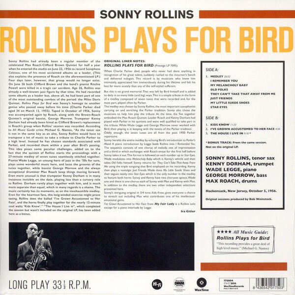 SONNY ROLLINS - ROLLINS PLAYS FOR BIRD (1956) - LP 2015 LIMITED EDITION REMASTERED REISSUE 180GR SIFIR PLAK
