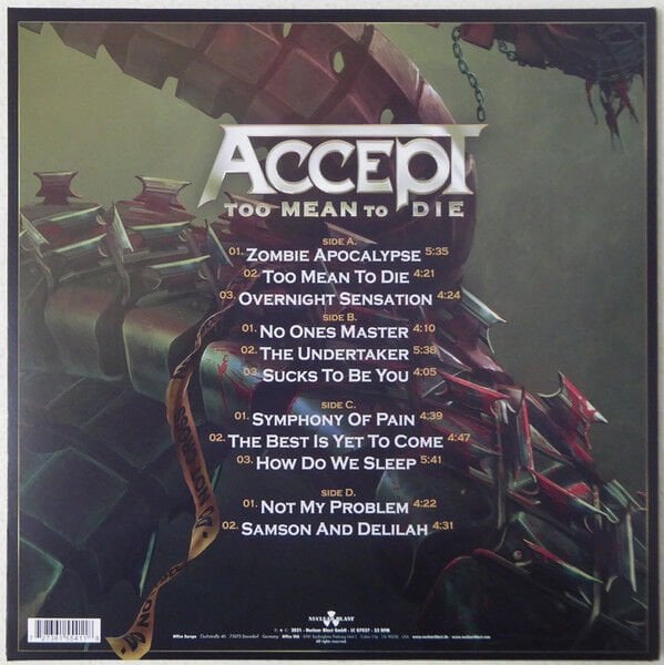 ACCEPT - TOO MEAN TO DIE (2021) - 2LP LIMITED EDITION VINYL SIFIR PLAK